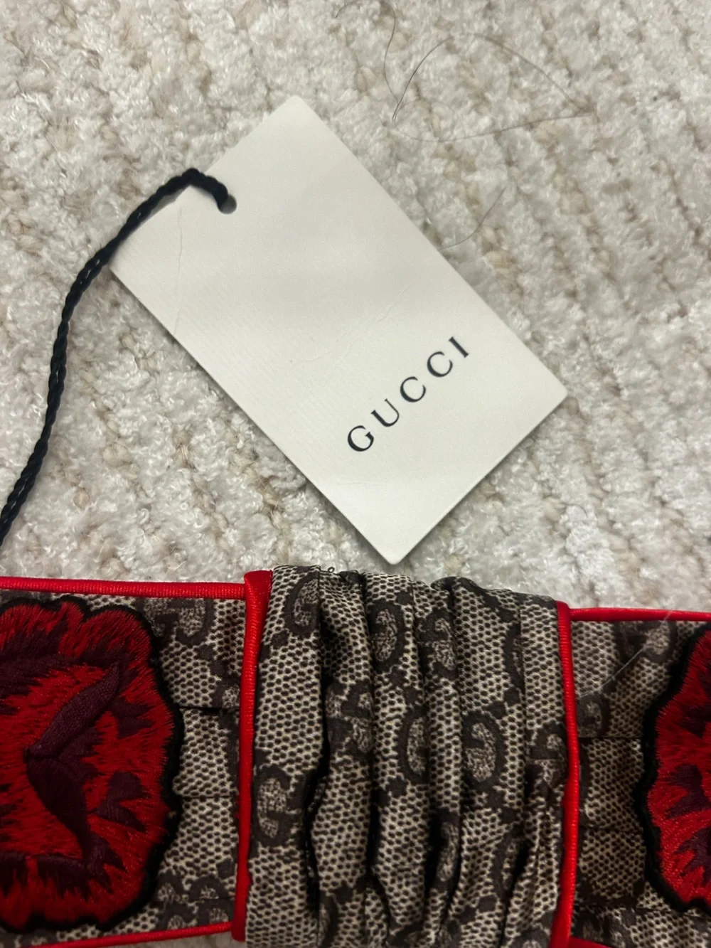 Gucci Brown Monogram Headband with Red Rose Embroidery